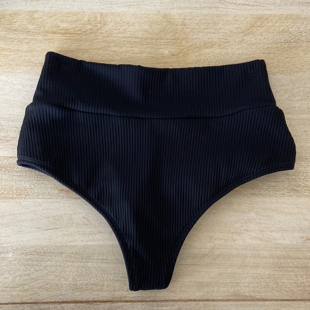 Montce Swim Black Rib Added Coverage High Rise Bikini bottom